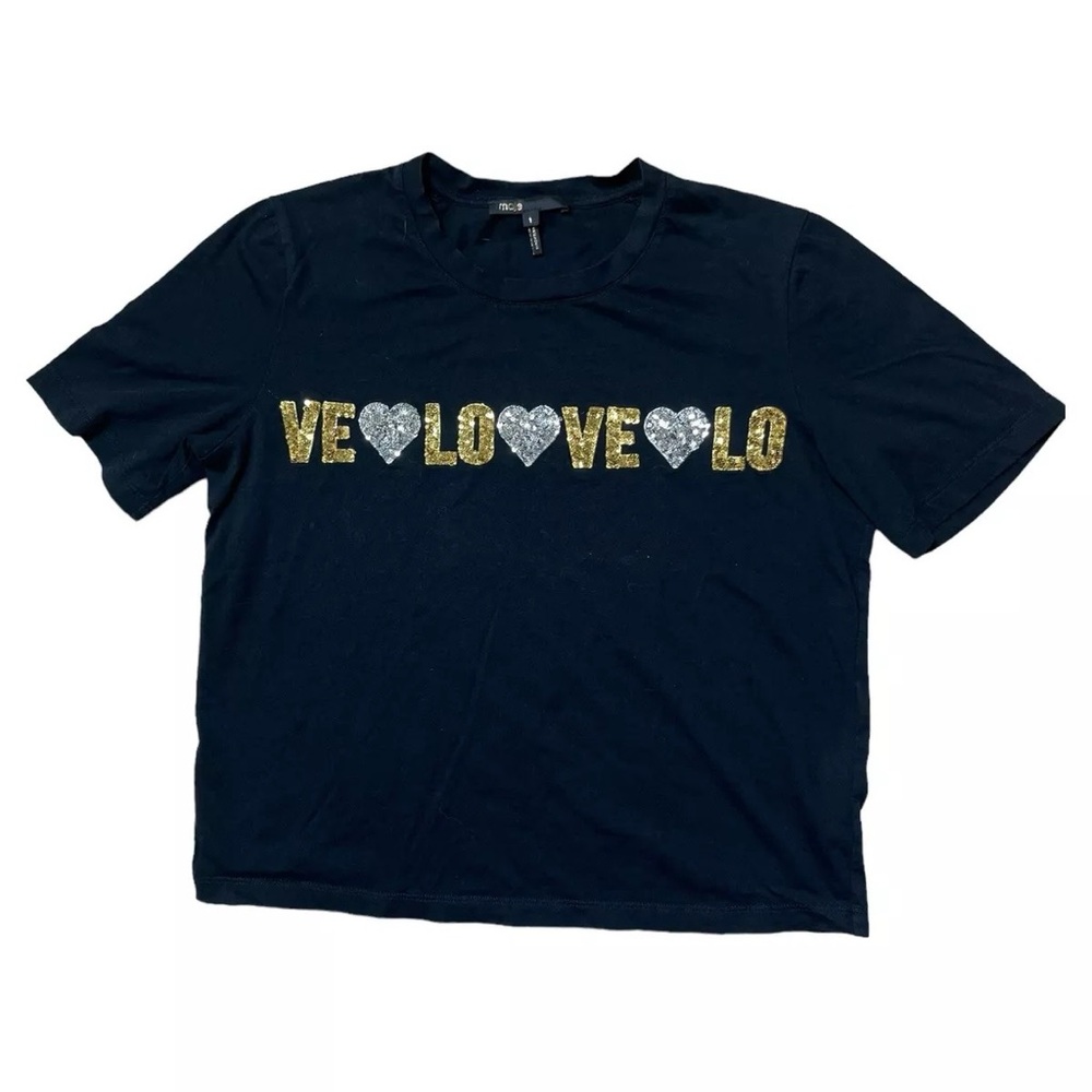 Maje Women Black Cotton T-shirt w/gold and Silver Sequins LOVE Size 1 M